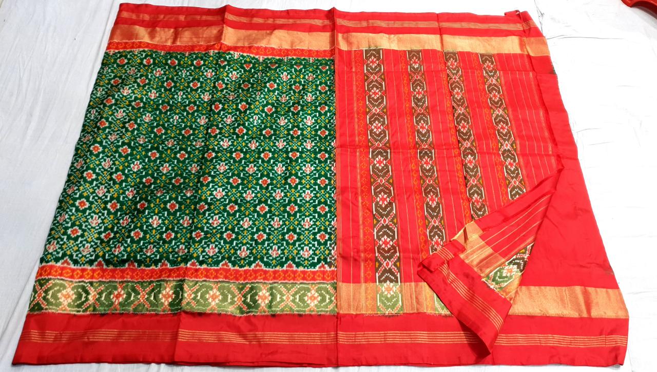Handmade Pochampally Ikkat Madathasu Patola Double weaved Silk mark  certified Green & Orange Silk saree - FromBharat